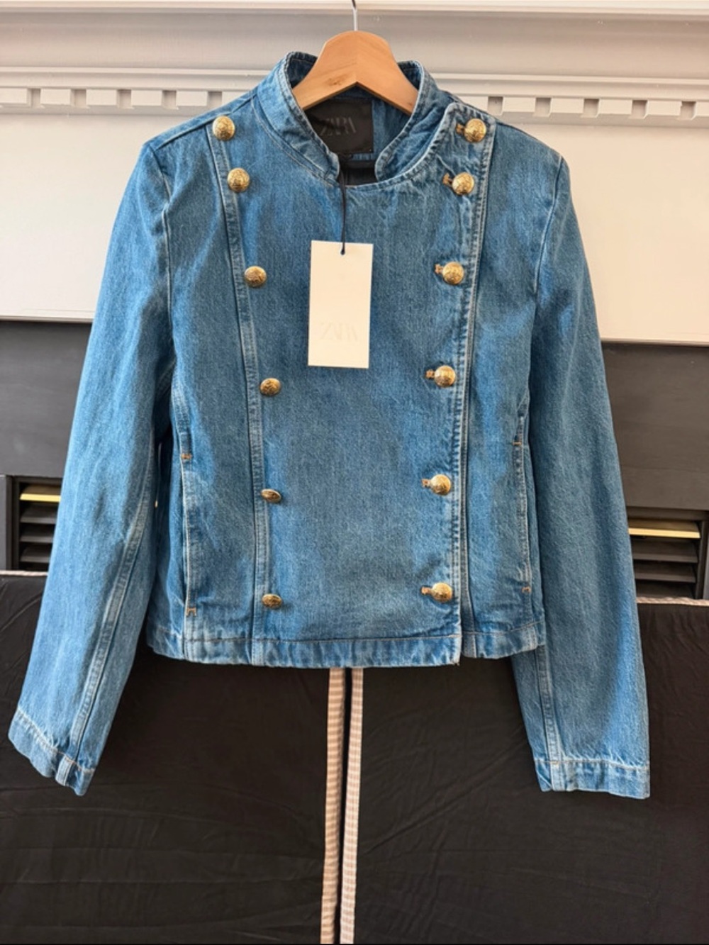 Zara NWT Blue Denim Military frog button Jacket with Gold Buttons